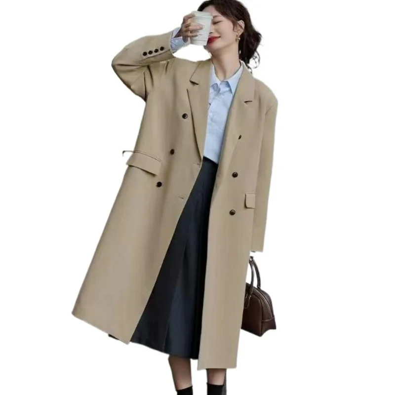 

2023 New Early Autumn Senior Sense Long Gray Suit Jacket Loose Commuter Temperament College Style Solid Color Trench Coat Woman