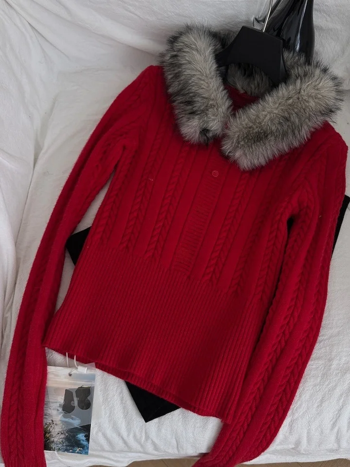 Suéter de punto Retro para mujer, corte entallado, cintura ceñida, cuello abierto, adorno de piel sintética, Top elegante Sle para otoño e invierno