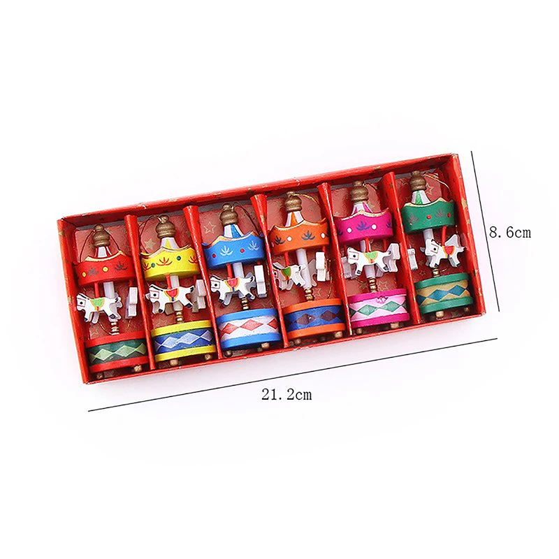 6pcs Christmas Decoration Mini Carousel Horse Pendant Ornaments Pendant Wooden Xmas Children Favor Toy Festival New Year Gifts
