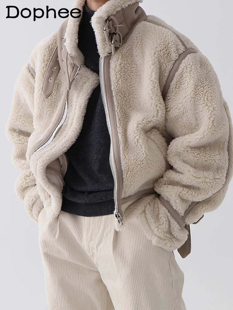 

Мужские зимние новые утолщенные теплые пальто из искусственного меха с воротником-стойкой, куртки из искусственной овчины с длинными рукавами, красивые шикарные парки