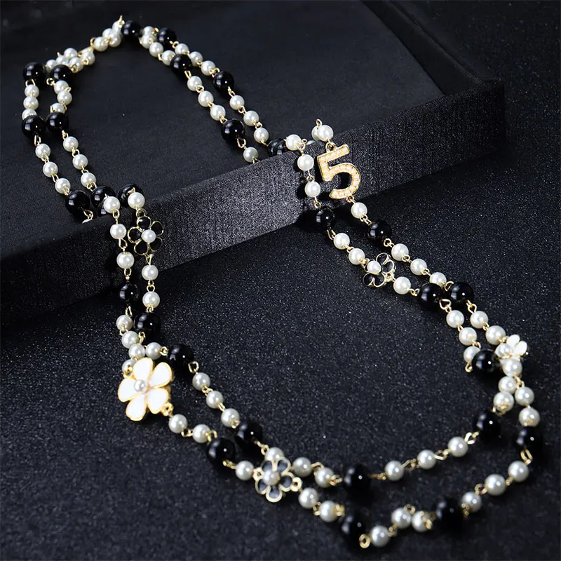 Luxury Quality Jewelry CC style Camellia pearl necklace long pendants layered collares de moda flower party jewelry