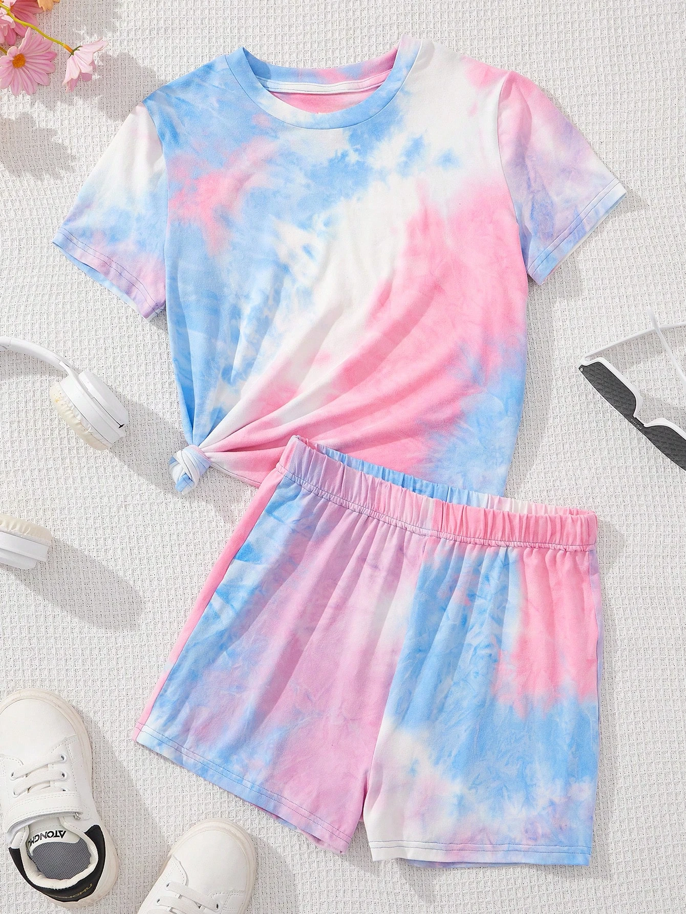 Junior gradient print casual crew neck short sleeve T-shirt and shorts set for summer,