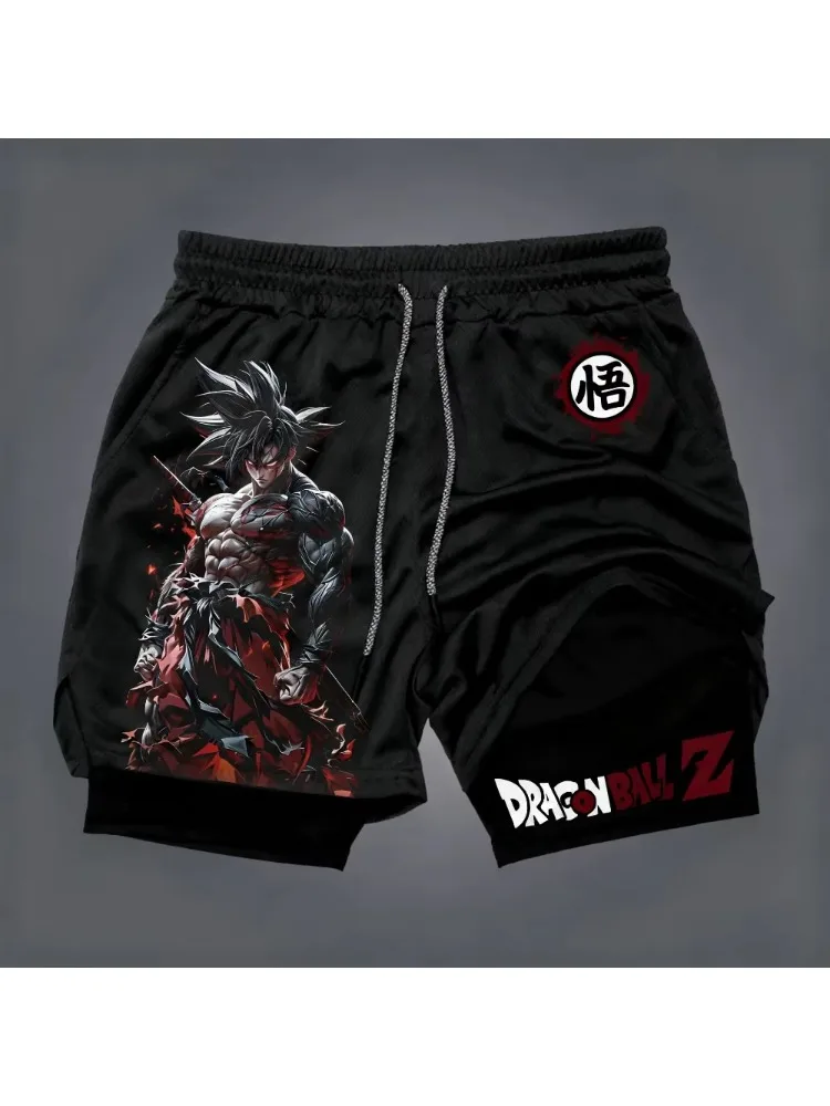 Dragon Ball Herren-Shorts mit doppelter Schicht, Son Goku, Sommer, japanischer Anime, gefälschte zweiteilige Sport-Fitness-Shorts, schnell trocknende Shorts