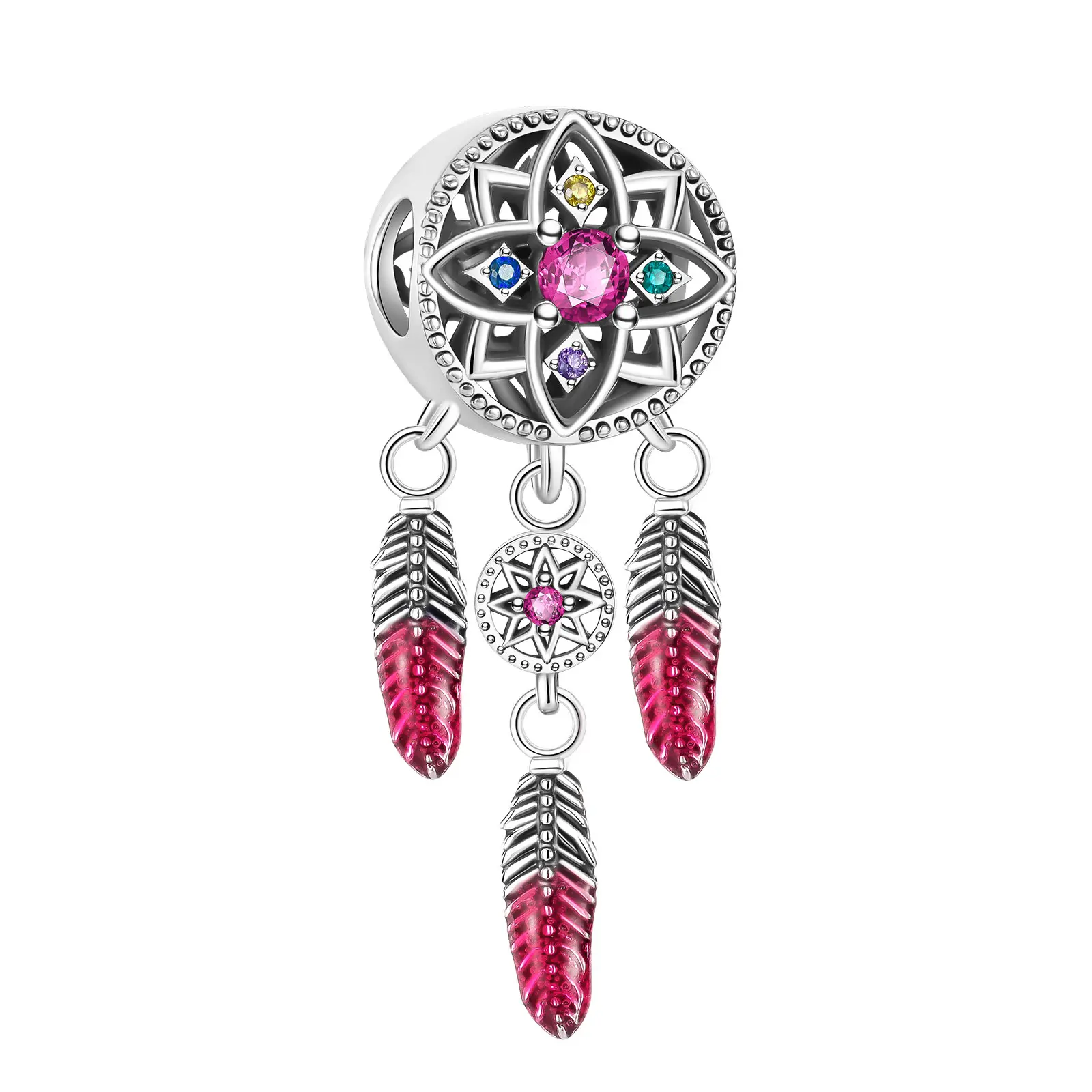 

925 silver pink feather dream catcher boutique fashion fit pandora original bracelet charm beads necklace Diy female jewelry