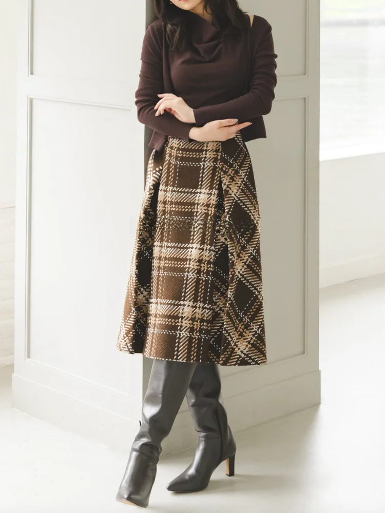 

Новая женская юбка А-силуэта с высокой талией, в клетку, из шерстяного трикотажа, в стиле кэжуал, универсальная, модная, на 25 лет, в стиле ретро