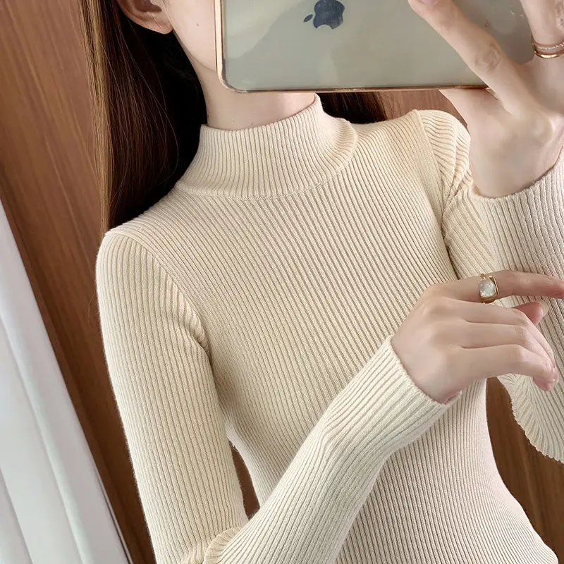 Women\'s Clothing Solid Color Pullover Long Sleeve Autumn Winter Turtleneck Screw Thread Sweater Knitted Elegant Fashionable Top