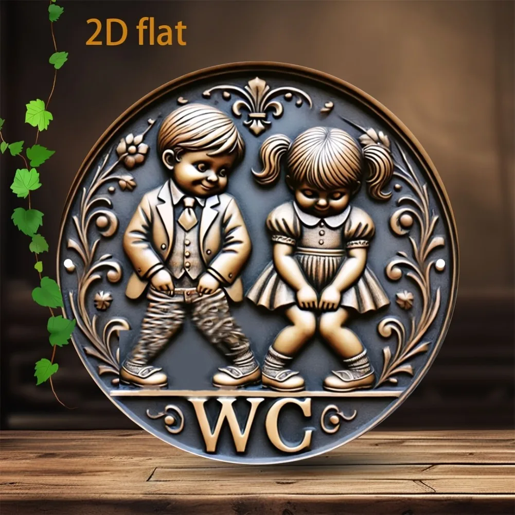 1 Stück 7,8" runde 2D-Wandkunst aus flachem Vintage-Kupfer – Aluminiumschild mit Illustration für Jungen und Mädchen, Blumen- und Sternmotive für die Hausbar