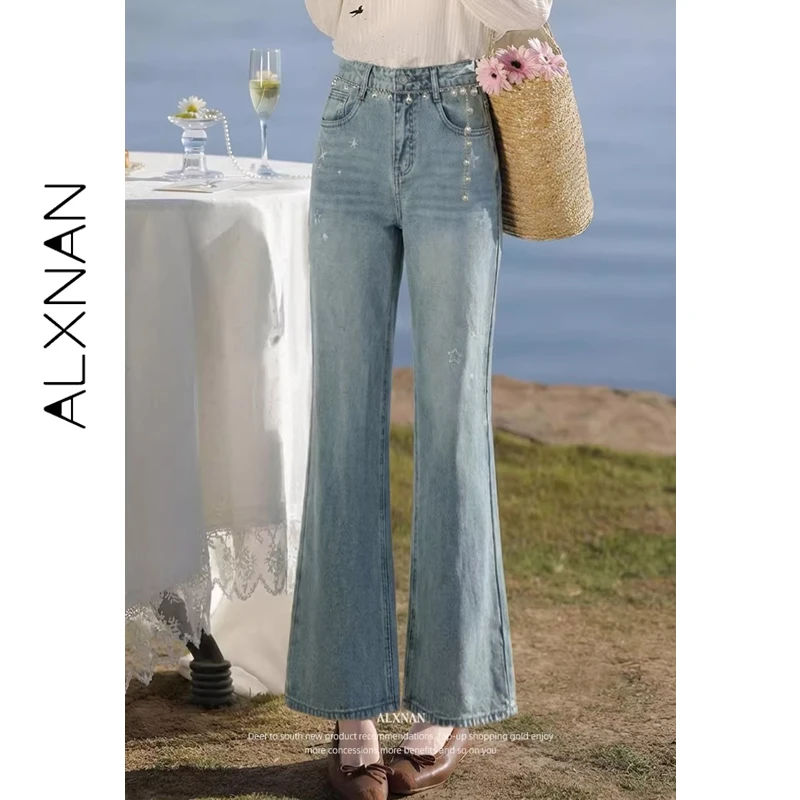 

ALXNAN Women's Blue Bootcut Jeans New Spring Style with Star Embroidery Casual Long Pants with Free Pearl Waist Chain L61366A