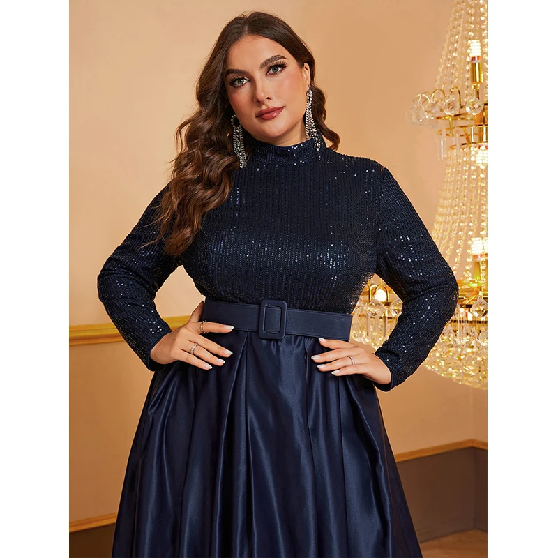 2024 Elegant vestido de festa Women Long sleeve High Waist Blue Sequined Cocktail Prom Long Maxi dresses