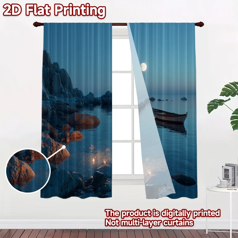 2D FLAT PRINTING 2pcs Curtains (Without Rod) Moonlit Ocean Scene Chic Curtains&Drapes Fabric Curtains Easter Egg Hunt Use for