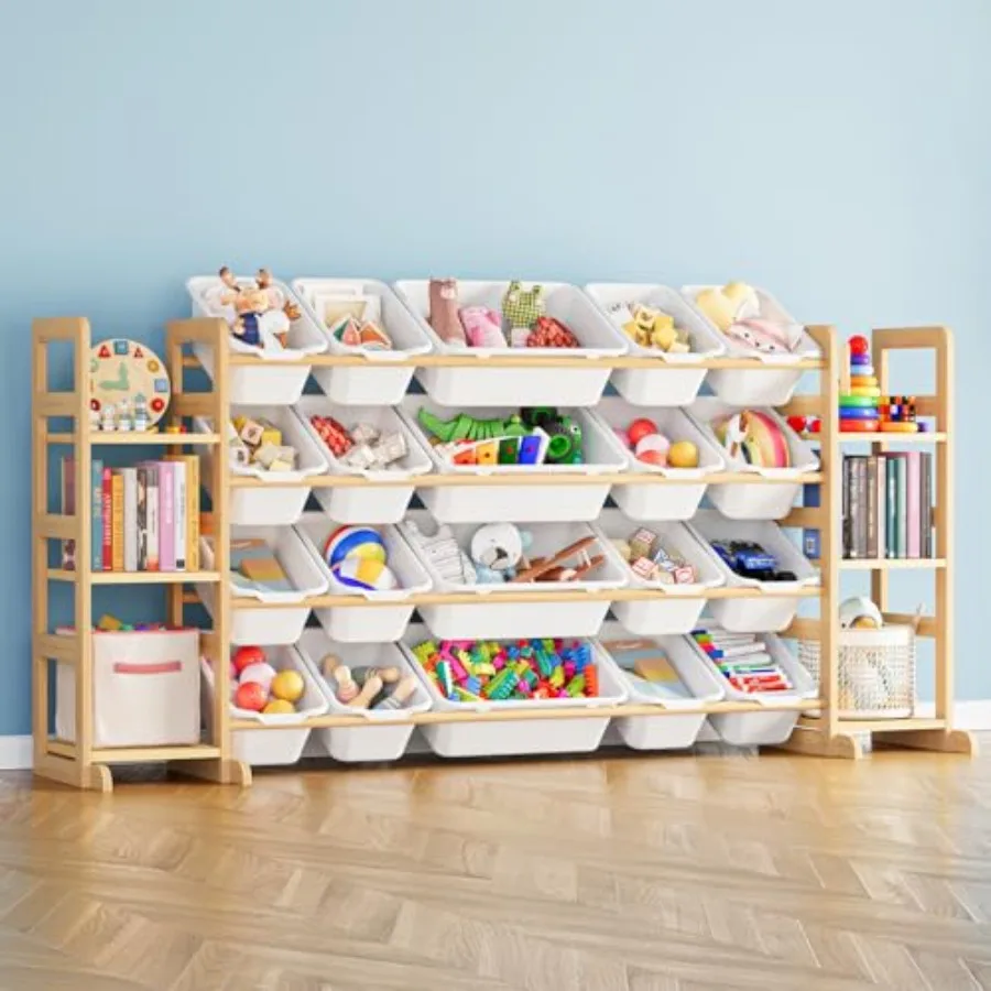 

Toy Storage Organizer with 6 Shelves and 20 Bins for Bedroom Playroom, White Plastic and Wood-Effect Toy Bookshelf with Stackab