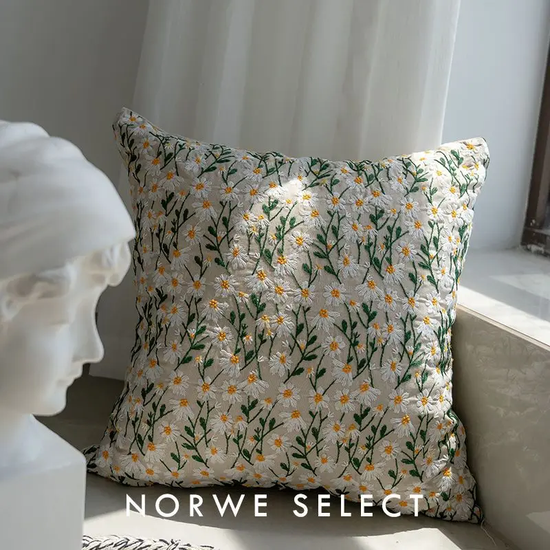 Pastoral Style Embroidery Pillow Case Daisy Embroider Decorative Pillow Flower Cushion Cover Throw Pillow for Sofa Bed Home Gift