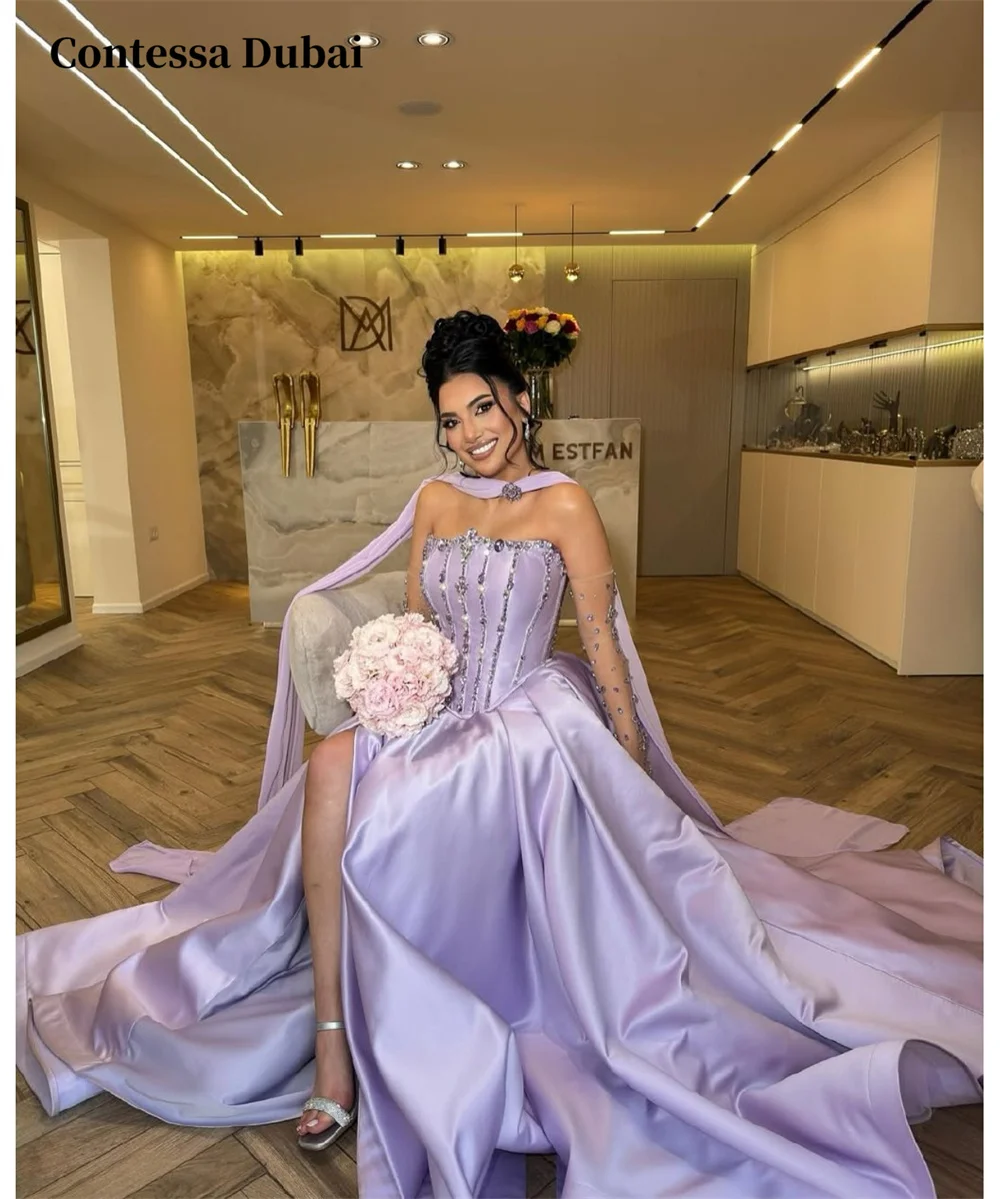 

Contessa Dubai customized Purple elegant A-Line Prom Dresses halter Beaded vestidos de noche Chapel Train Formal Evening 2025
