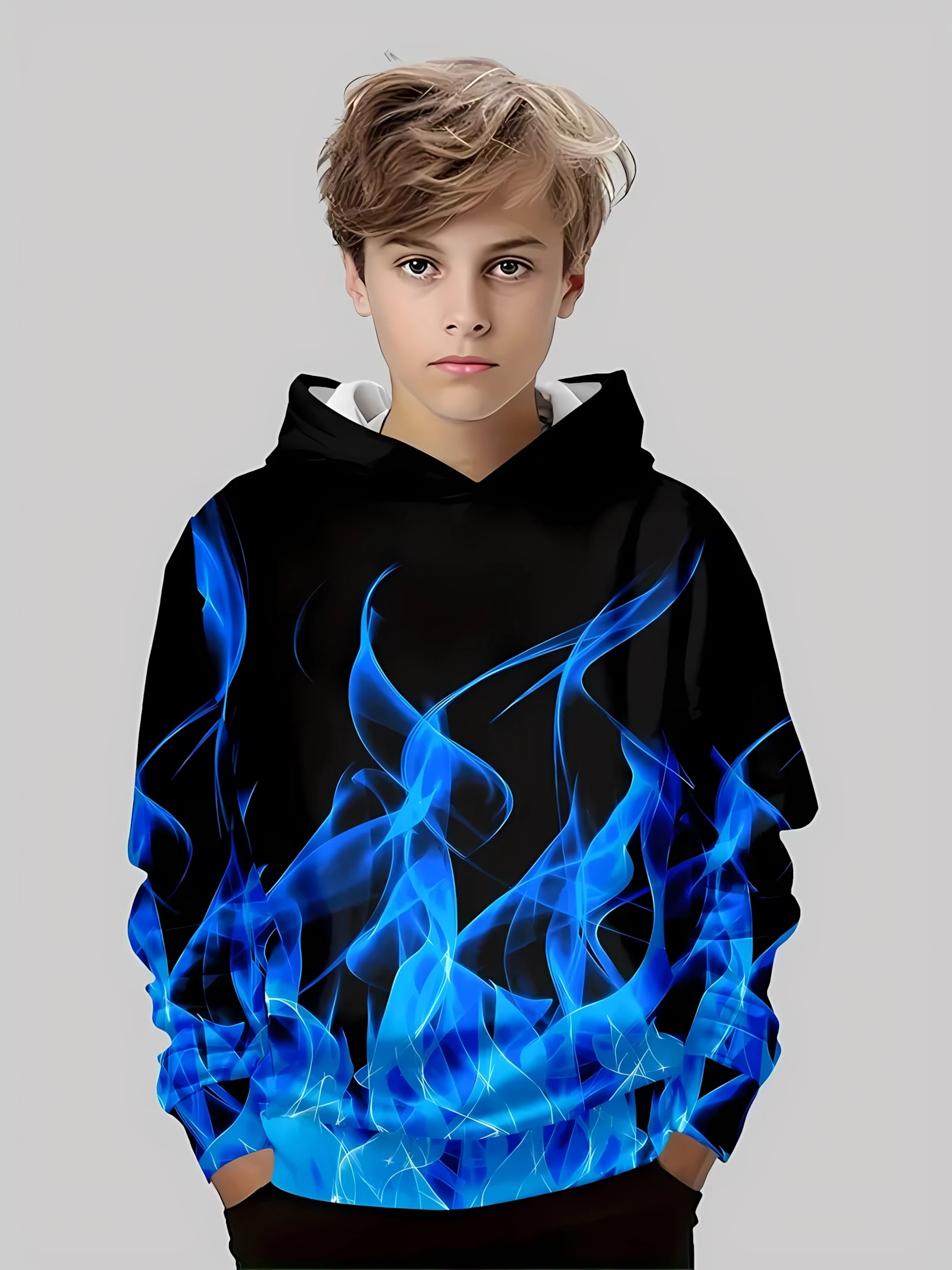 

The new 3D printed color flame soft and fashionable hoodie for children in the autumn of 2025
