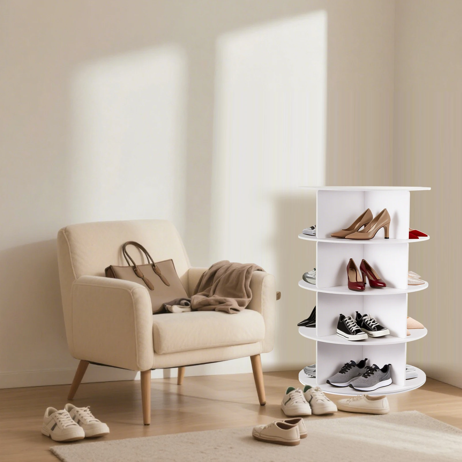 360 Shoe Organizer Rotate 4-Tier Vertical White Shoe Rack Shoe Organizer Tower, Shoe Carousel, Round Shoe Rack