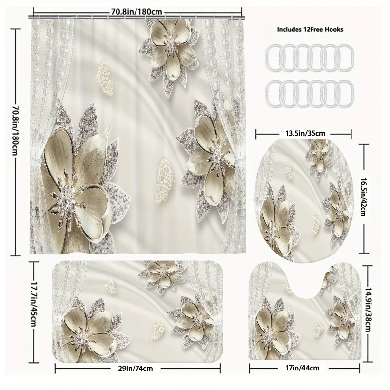 1 Set Pearl Precious Stone Flower Drapery Pattern Bathroom Shower Drapery Four-piece Set Toilet Three-piece Set