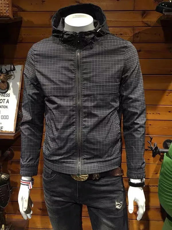 

Faionable клетчатая куртка с капюшоном, мужская весенне-осенняя деловая повседневная облегающая бирка KUN брендовая ветрозащитная верхняя одежда на молнии