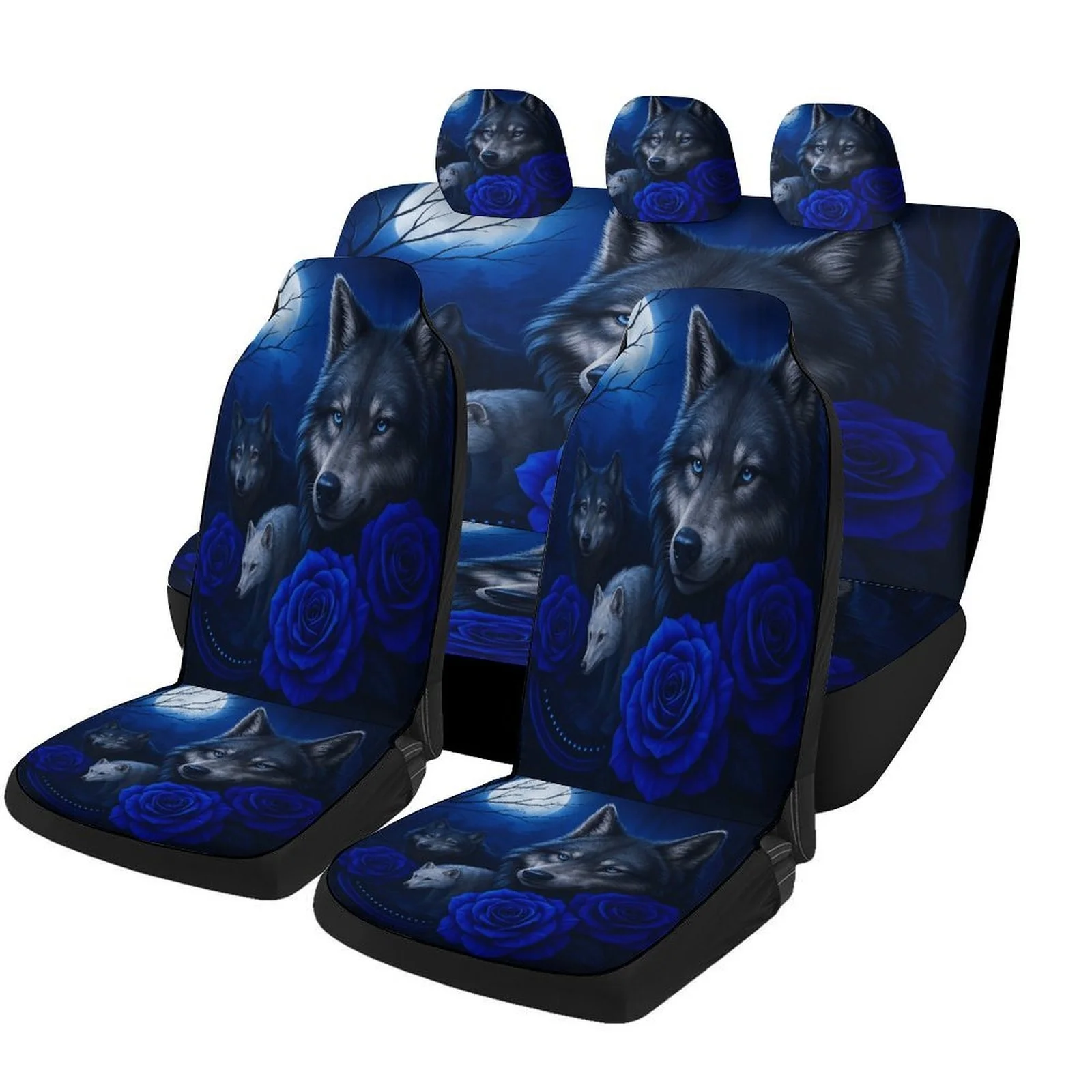 Wolf And Blue Roses Designed Car Seat Covers Set For Most Cars, Trendy Novelty Decorative Car Seat Protector Covers Full Set, Un