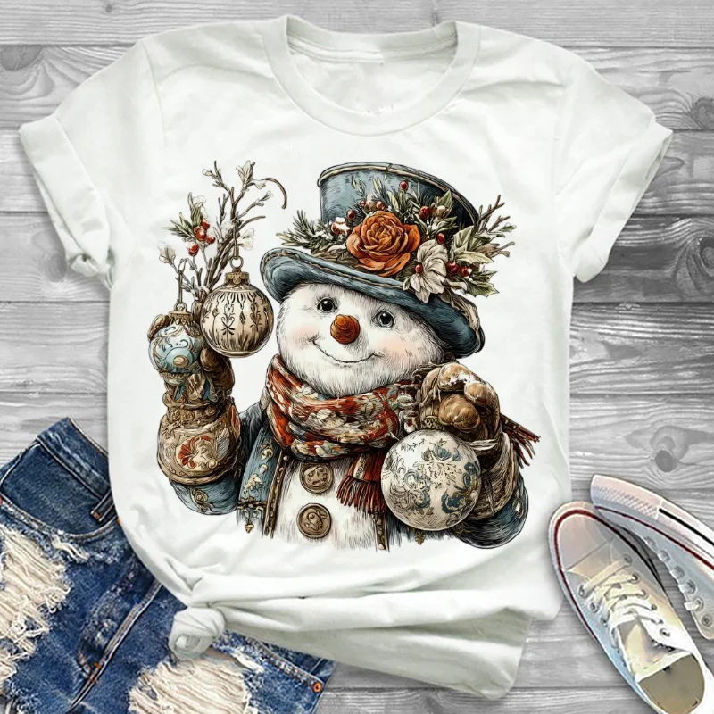 

T-Shirt Cute Clothing Printed Snowman Flower Hat Pattern Cartoon Trend O-Neck Style White Top Christmas Casual Women's T-Shirt