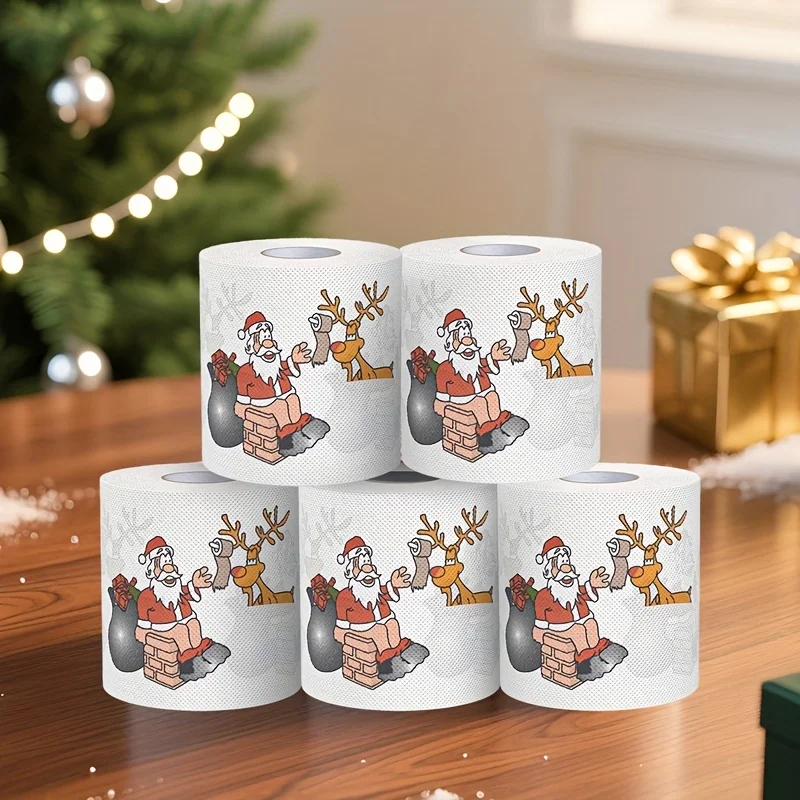 5 Rolls Christmas Printed Toilet Paper, Santa Chimney Reindeer Soft Disposable Tissue Napkin for Xmas Dinner Holiday Party Bathr