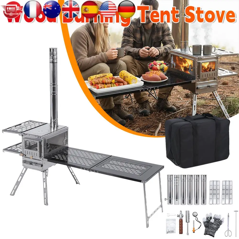 

Portable Wood Burning Camping Stove with Oven Table & Chimney Pipe Stainless Tent Stove for Heating Cooking Hunting Ice Fishing