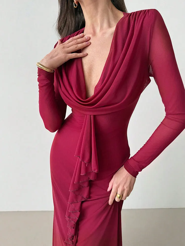 Outono novas mulheres maxi vestidos dupla moda camada malha streetwear mangas compridas vestido sólido sexy com decote em v vestidos femininos elegantes