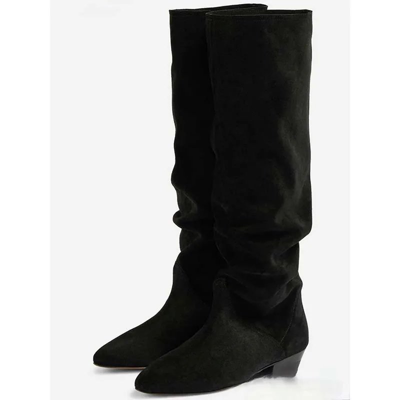 

Замшевые матовые кожаные плиссированные сапоги на низком каблуке с острым носком до колена Botines Femininas Simple Knight Western Cowboy Botas