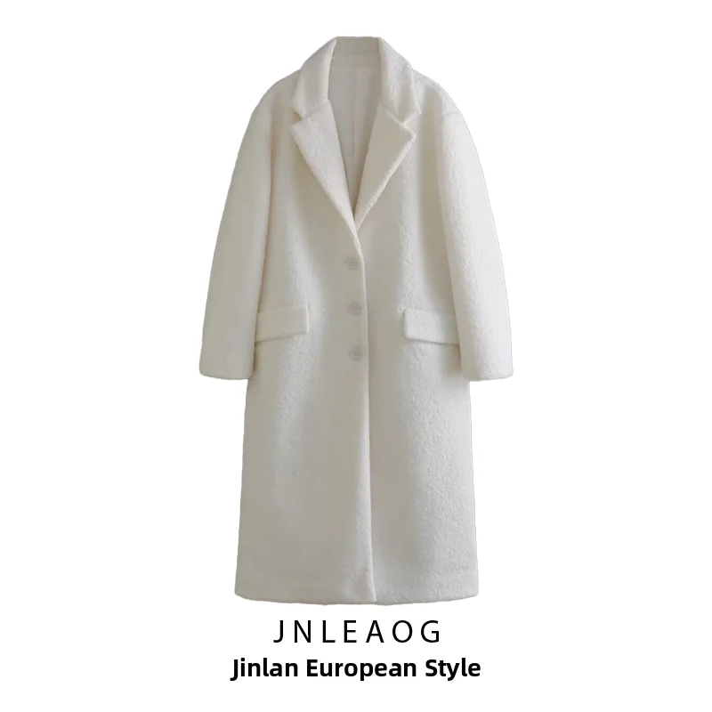 JNLEAOG Women's Autumn New Style Comfortable Loose Warm Light Color Furry Feelings Polyester Fiber Coat Long Sleeve Flip Collar