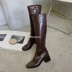 Botas de couro PU na altura do joelho com salto grosso para mulheres, botas longas quentes, sapatos femininos, zíper macio, moda inverno 2023