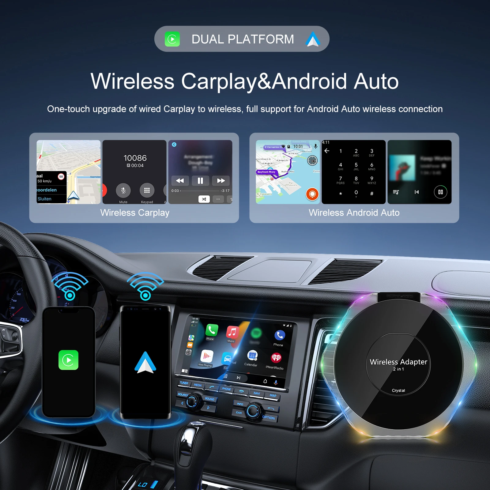 Podofo Carplay AI box Wired to Wireless Apple CarPlay Android Auto to Dongle Activator USB/Type-C Interface Support Online Map