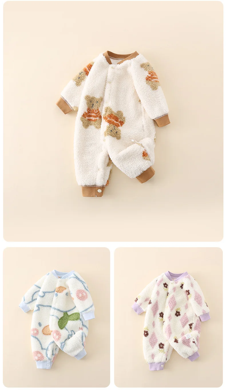2026 Jungen Mädchen Winter Frühling Overall 0-24 M Neugeborenen Fleece Gefüttert Langarm Onesie Infant Cartoon Print Weiche warme Baby Strampler – Detail 4