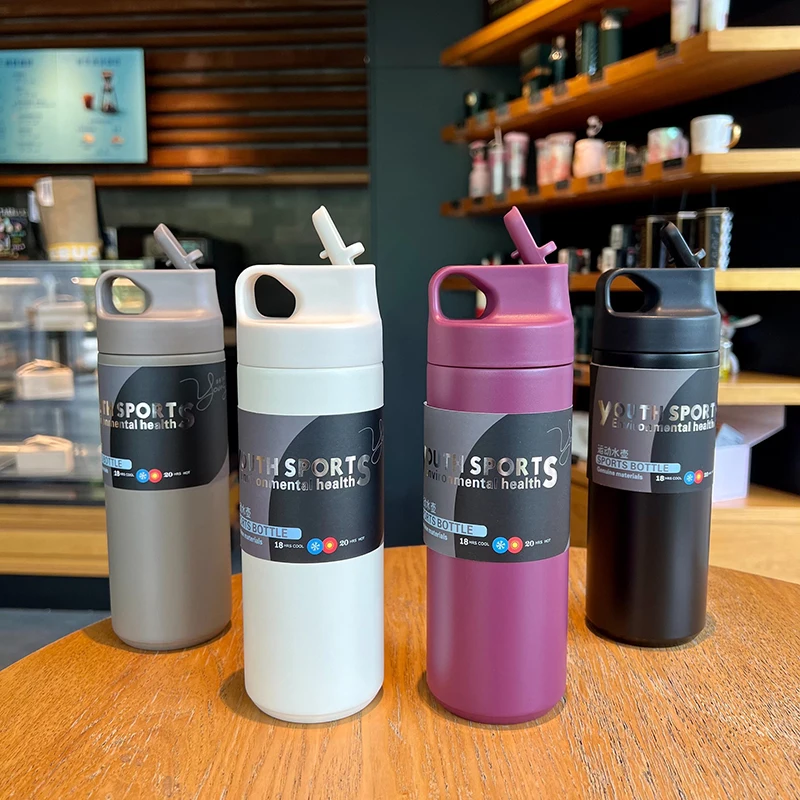 500ML Flask Water Bottle Stainless Steel Straw Thermal Cup Portable Outdoor Sport Fitness Spray Vacuum Thermos Cup Travel Kettle