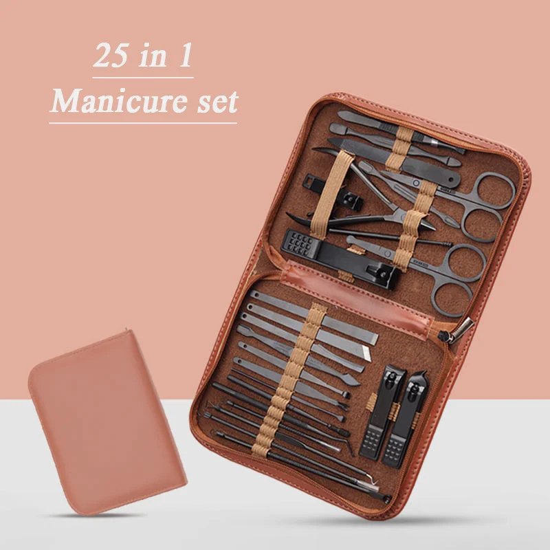 High quality Manicure Set 25 in 1 Professional Practical Kit With leather case Stainless Steel Nail Clippers Personal Care Tool