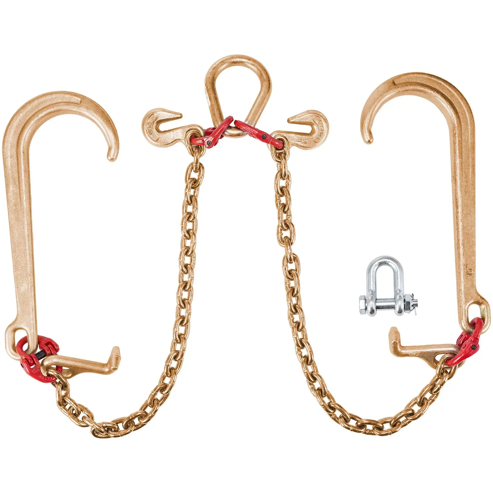 V Bridle Chain, 5/16 in x 2 ft Tow, Grade 80 - Transport, 9260 Lbs Break Strength with TJ Hooks and Crab, Heavy Duty Pear Link