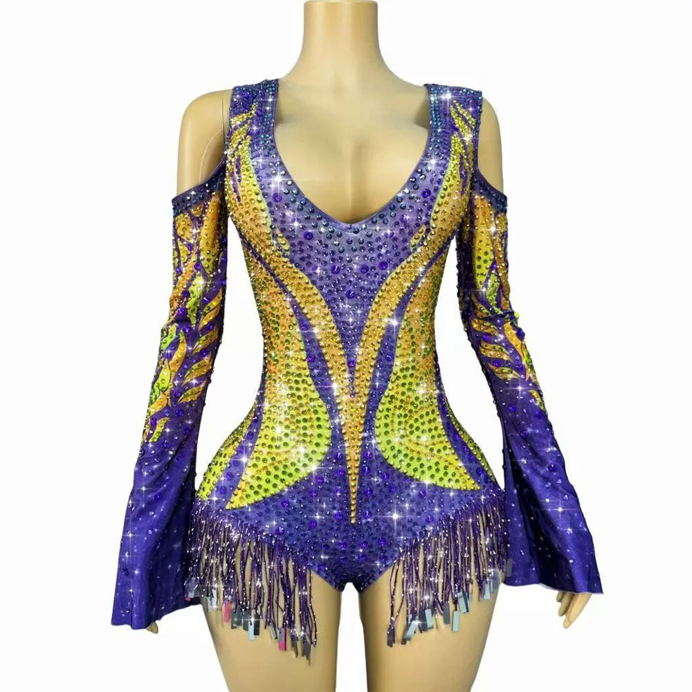 

Роскошное боди ручной работы с блестками и стразами, кисточками и открытыми плечами, женское боди для дня рождения, танцевальной сценической одежды