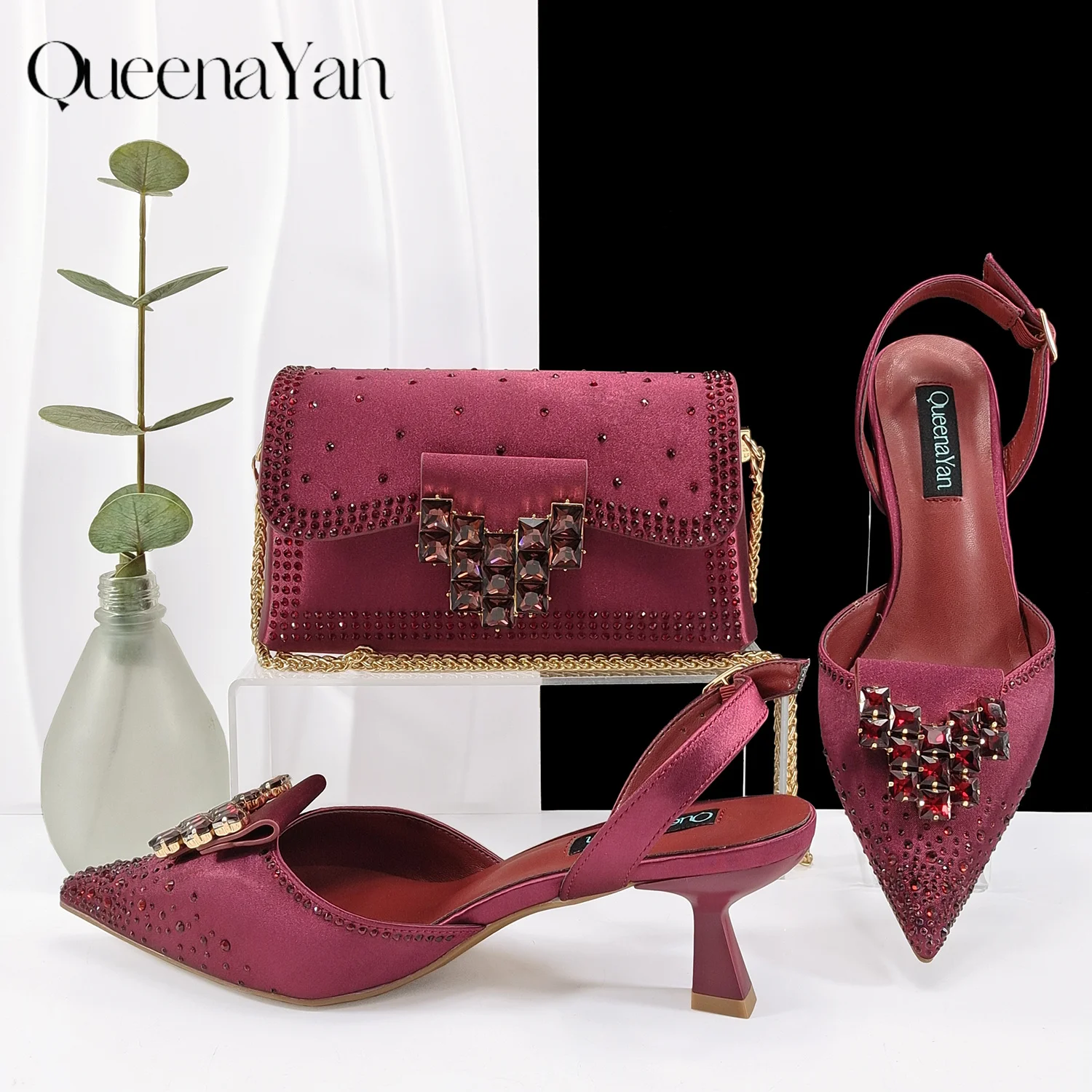 

Queen Yan, Новое поступление, элегантный зрелый стиль, винный цвет, вечерние свадебные туфли на высоком каблуке с острым носком и сумка, украшенный стразами