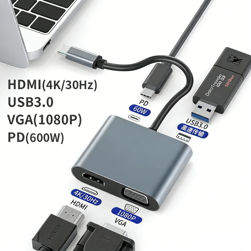 4 In1 Type-C Hub Multiport Adapter Docking Station Type C to 4K HDTV VGA 60W PD Fast Charge Splitter for MacBook Pro/Air Laptop