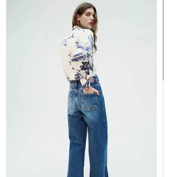 

Ele Versatile Long Sve Knot Decorated Print irt Spring 2024 Women's Faion Loose Fit Square Collar irt