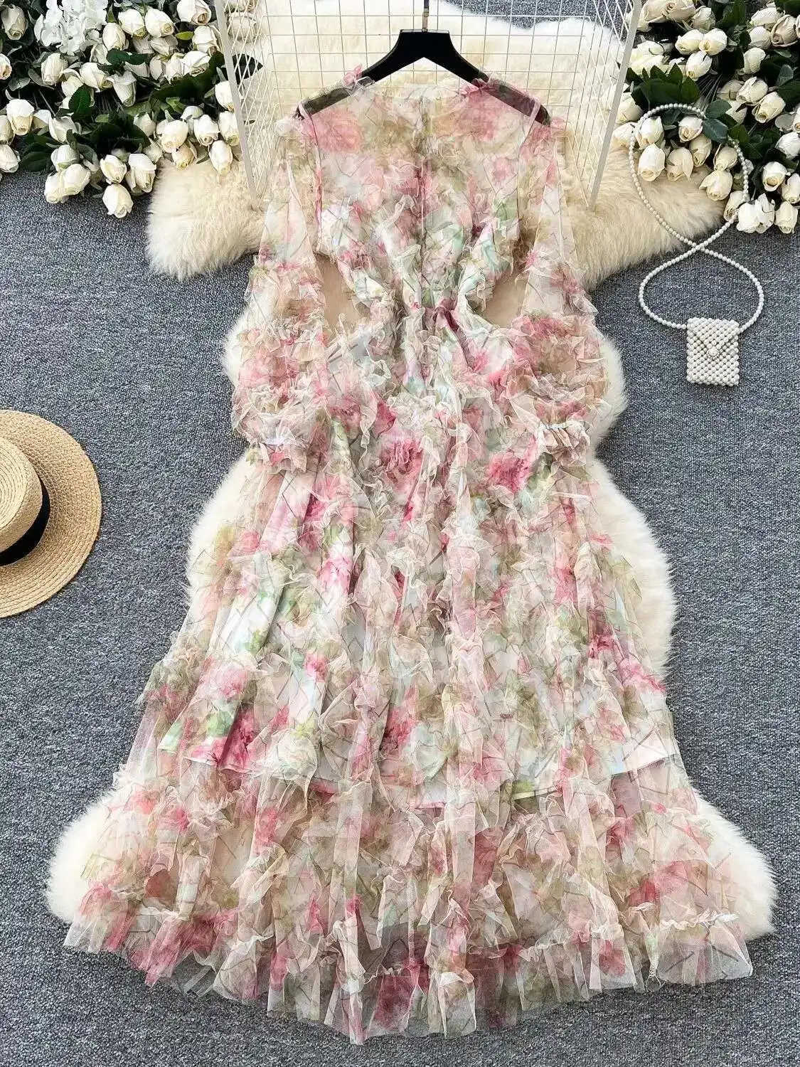 Outono camada plissado manga longa bolo vestido para mulheres elegante verão impressão flor tule festa noite maxi vestidos rosa