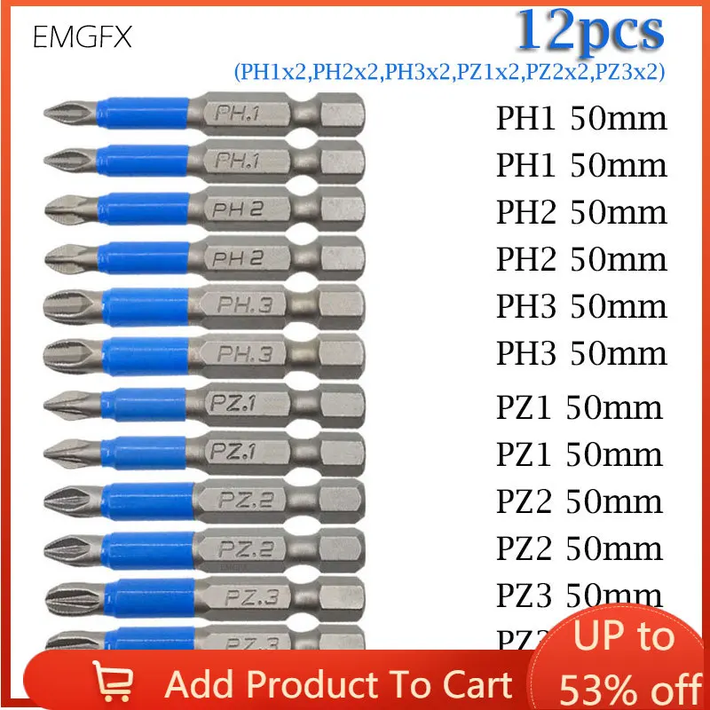 12PCs No-slip PH2/PZ1/PZ2/PZ3 Screwdriver Bit Sets for Drill Magnet 25/50mm S2 Alloy Steel Screwdriver Electric Impact PH1/PH3