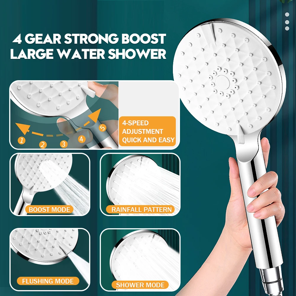 

4 Modes Shower Head 12CM Big Panel Handheld Rainfall High Pressure Spa Water Saving Showers Adjustable Bathroom Accessories