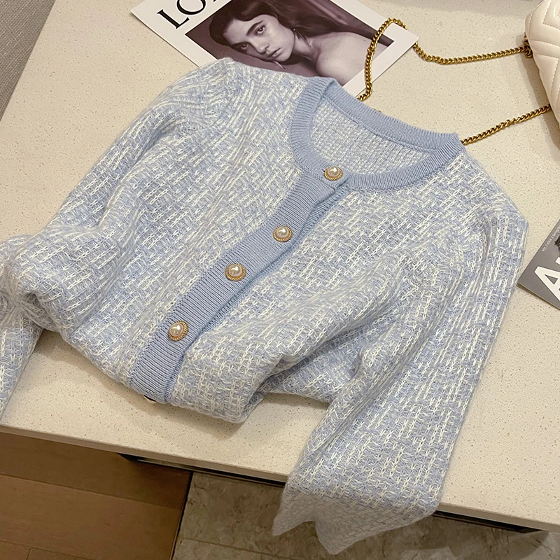 Women\'s Blue Sweater Round Neck Pearl Button Cardigan Long Sleeve Casual Vintage Fashion Baggy Ladies Outerwear Tops Autumn