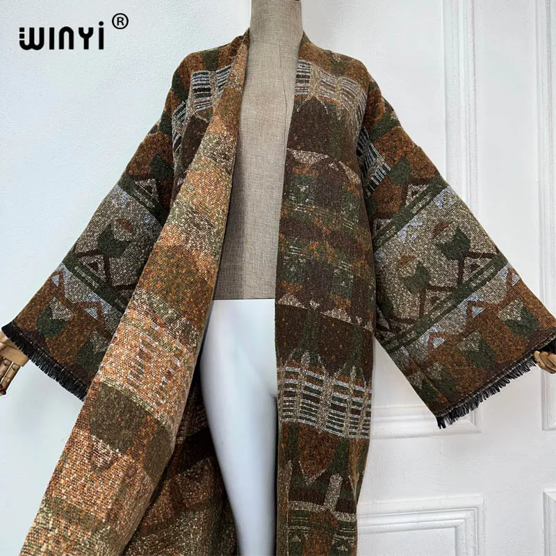 WINYI winter coat Africa women retro print tassels Luxury Fur Loose OverCoat Thick Warm long down coat Europe cardigan jacket