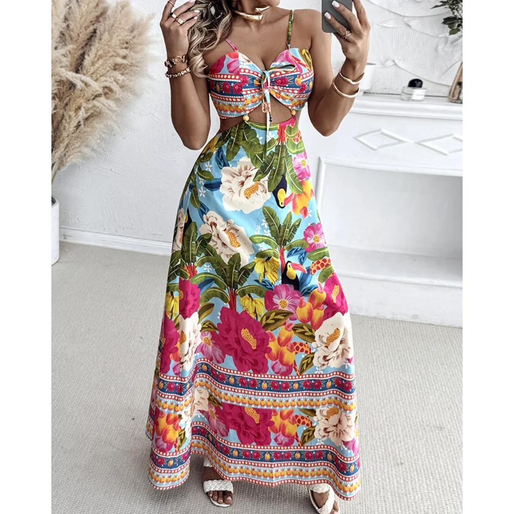 女性ファッションホルター花柄ボヘミアンスタイルドレスタイバックカットアウトマキシドレスビーチ衣装夏休み衣装