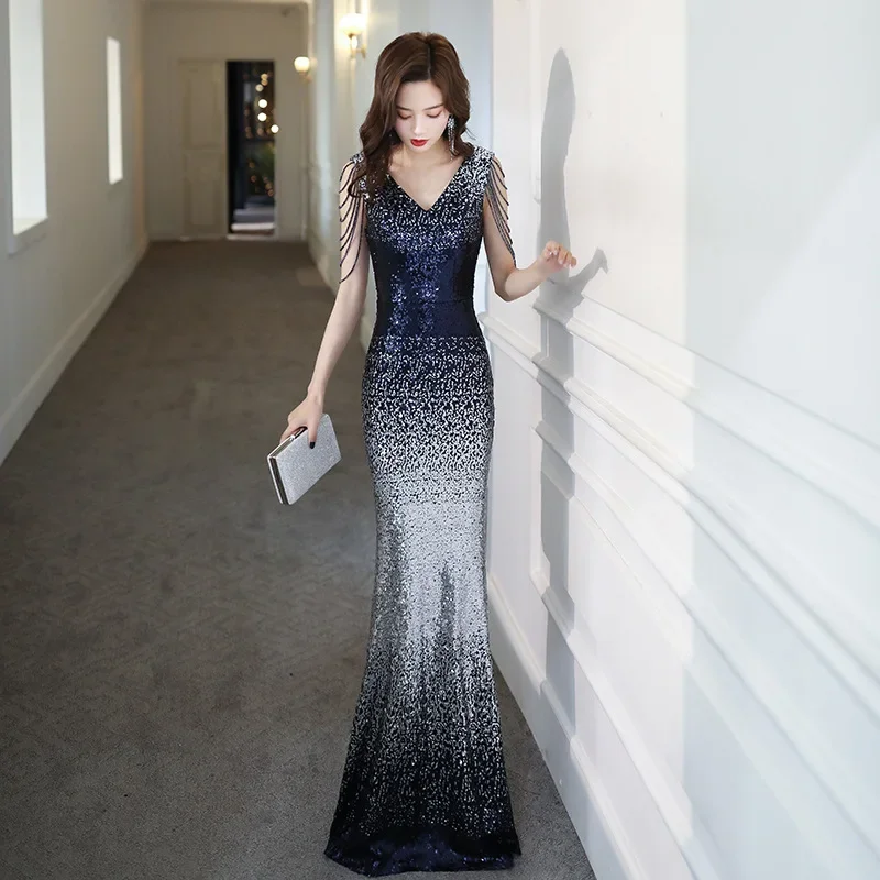 Sequined Evening For Women 2024 New Sexy Aura Queen Fishtail Slim-Fit Long Host Dress Slimming