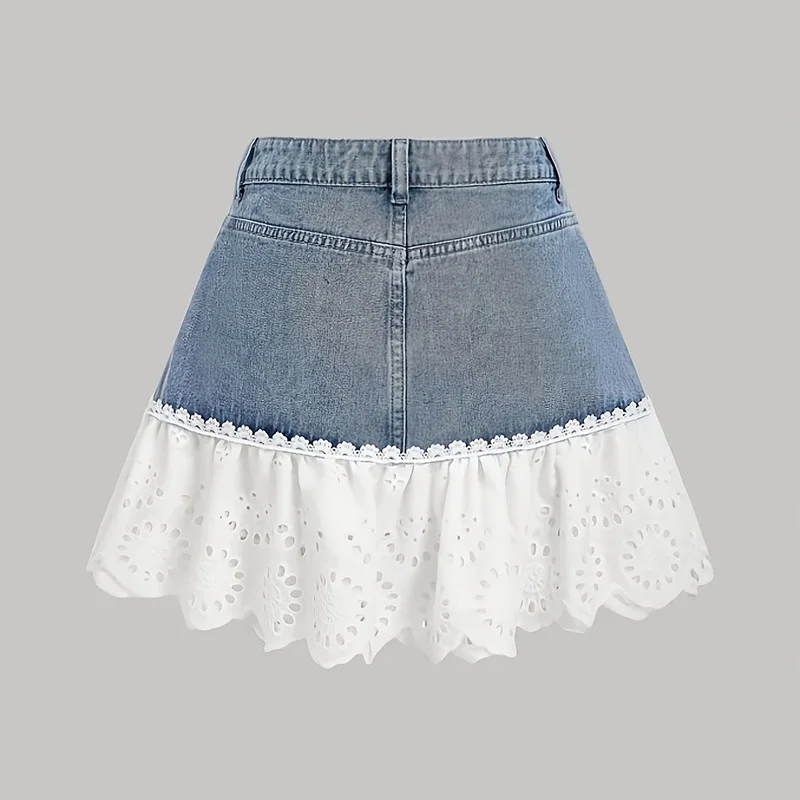 Summer Hot Sale Girls Chic Lace Trim Design Jeans Skirts Women Classic High Waist Denim Skirts Female Trend Spliced Skirts