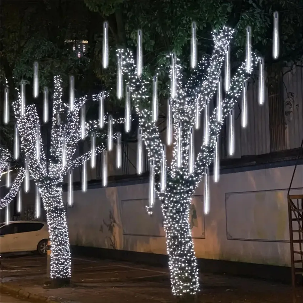 Enchufe estadounidense/enchufe europeo, 8 tubos, lluvia de meteoritos, cadena de luces LED, decoración de calle, guirnalda de hadas, luces navideñas para bodas, iluminación exterior