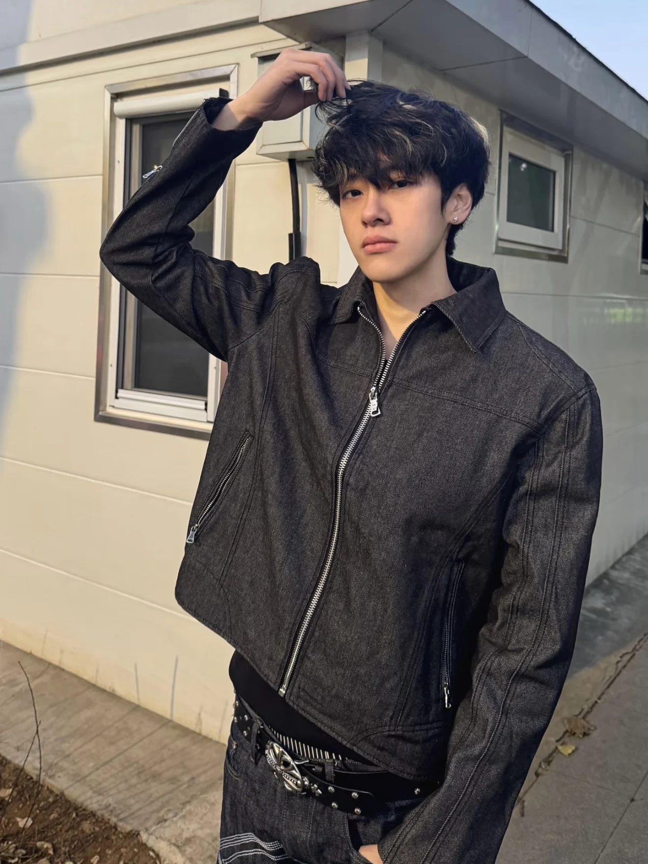 

Classic American Original Jeans ort Wide Patchwork Men's Jaet Youth Faion Loose Fit Long Sve Zipper Closure Coat