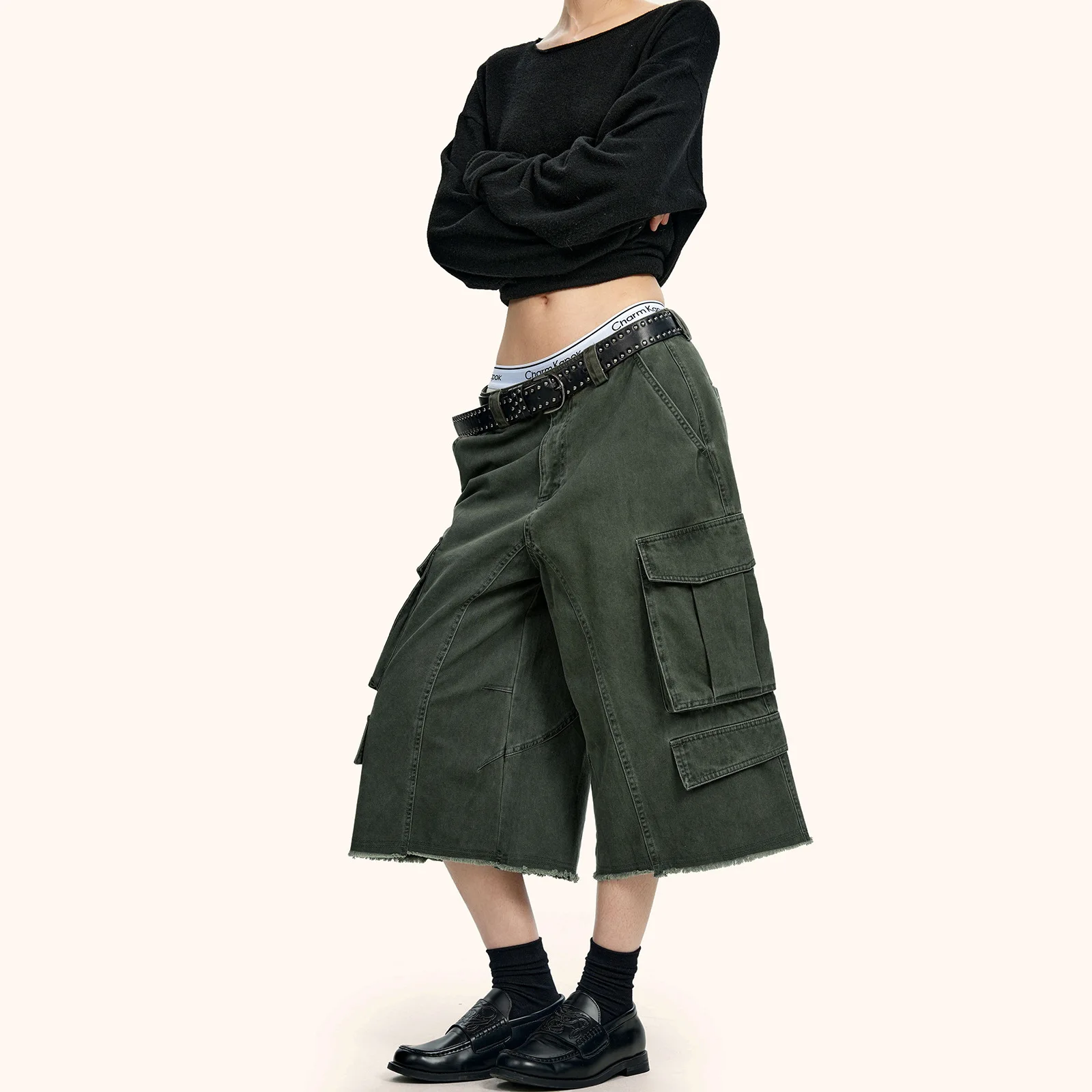 Women's Cotton Workwear Shorts Summer Unisex Loose Fit Wide Leg Pleated Shorts Adjustable Waist Casual Vintage Streetwear