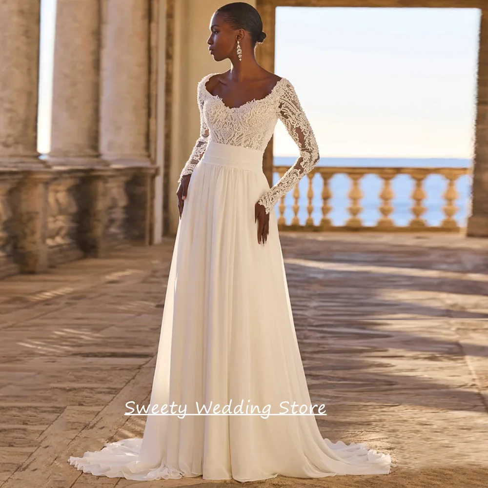

Pearls Wedding Dress Customized Long Sleeves V Neck See Through Applique Sweep Train Chiffon A Line Bridal Gown for Bride